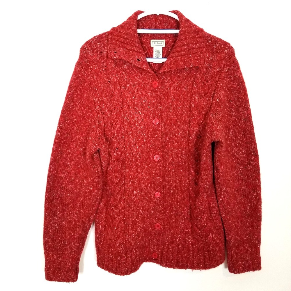 VTG L.L. BEAN  Womens  Wool Blend Cardigan Sweater Sz L Button Front Marled Red